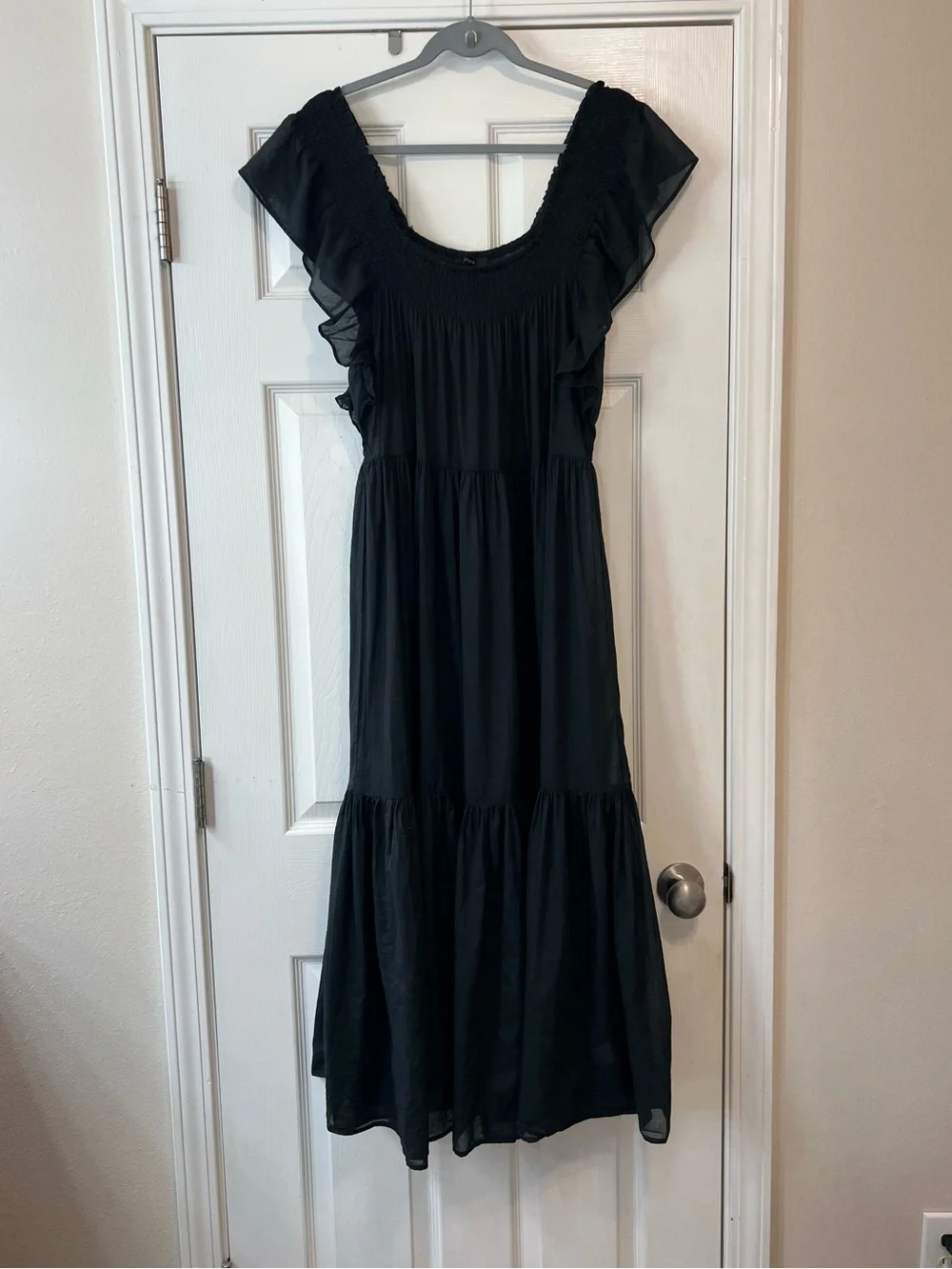 J.Crew Black Sheer Cotton Tiered Maxi Dress Flutter Sleeve Smocked Boho Prairie